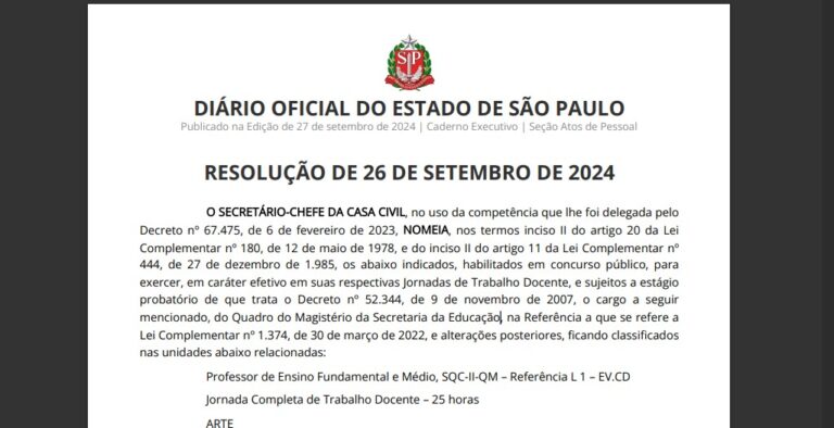 Nomeação do ingresso/2024 do concurso público do magistério paulista