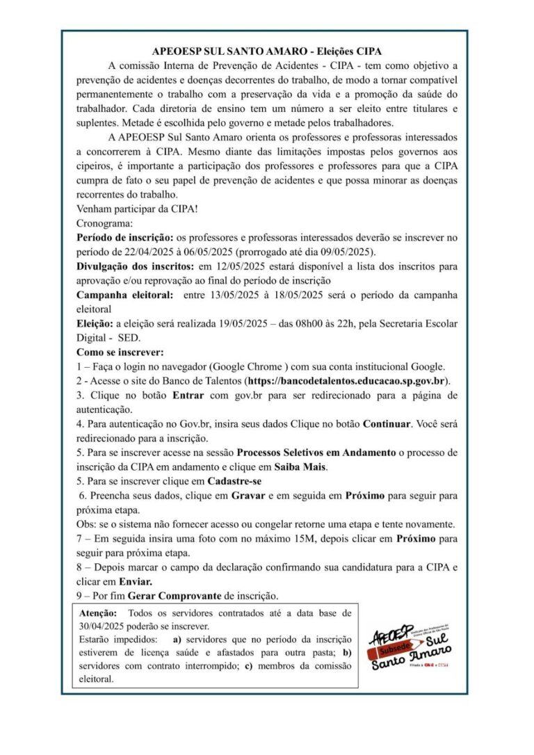 APEOESP SUBSEDE SUL SANTO AMARO orienta a participação dos professores e professoras no processo da CIPA.